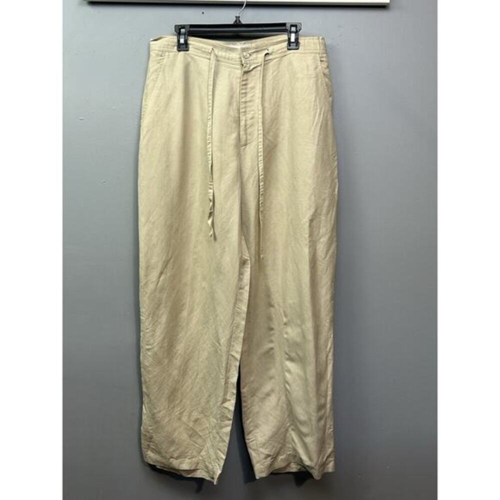 Bachrach Beige Khaki Linen Pants 34‎ Drawstring Relaxed Casual Resort Flat